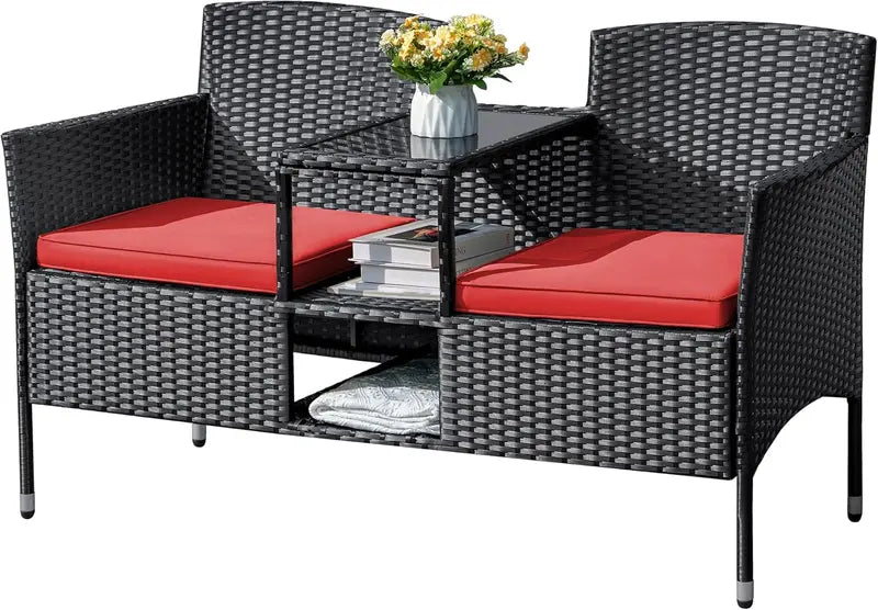 Flamaker Wicker Patio Loveseat – Two-Seat Outdoor Bench with Center Table and Cushions (Beige)