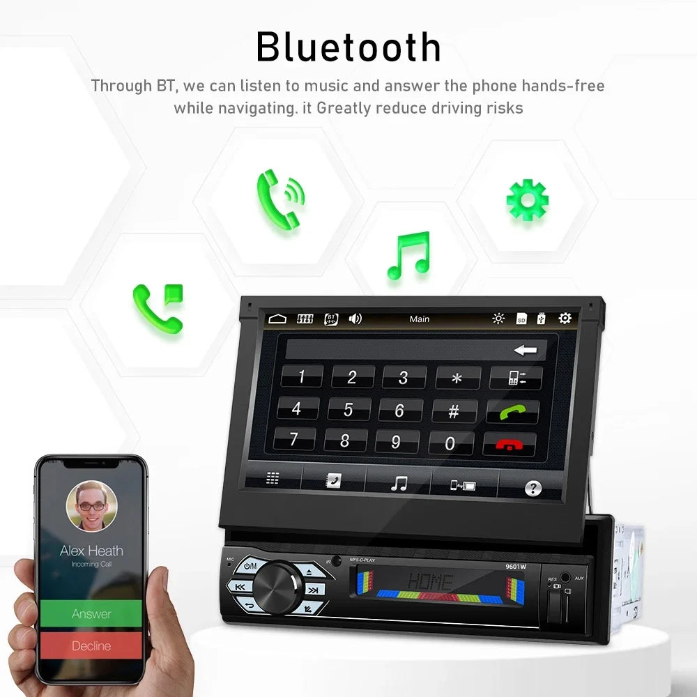 1 Din 7 in Car Stereo Radio with Wireless Apple Carplay Android Auto HD Electric Telescopic Touchscreen Flip Out Screen FM Bluetooth Android/Ios Mirror Link, Single 1 Din Car Audio USB/TF/AUX - in