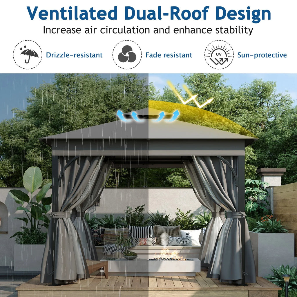 10'x10' Outdoor Gazebo,Patio Gazebo with Mosquito Netting and Privacy Screens for Backyard, Garden, Lawn and Deck,Grey