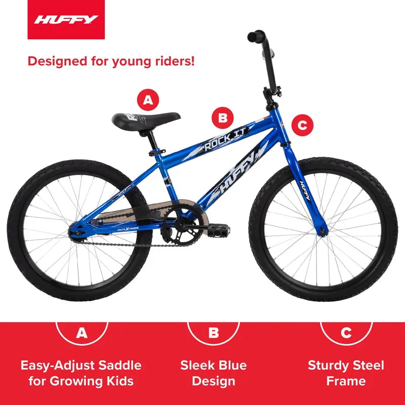 Huffy Rock It 20-Inch Kids Bike – Royal Blue, Single-Speed with Training Wheels, Ages 5+