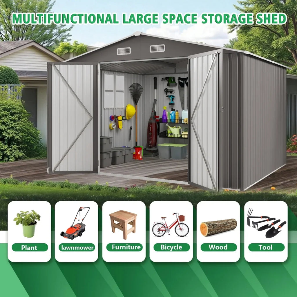 10 x 8 FT Outdoor Storage Shed, Large Metal Storage Shed, Lockable Door and Air Vent, Clear Window Garden Tool Shed for Bicycles, Tools, Lawnmowers, Backyards, Patios, Lawns - Gray
