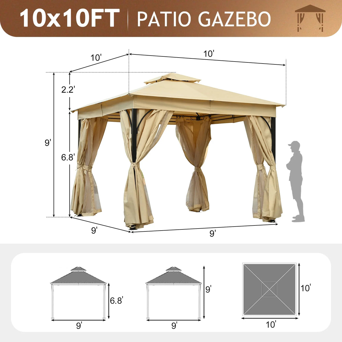 10'x10' Outdoor Gazebo,Patio Gazebo with Mosquito Netting and Privacy Screens for Backyard, Garden, Lawn and Deck,Grey
