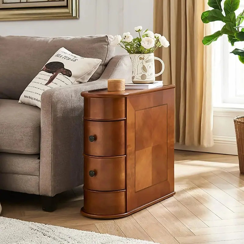 Solid Wood End Table  Slim Two-Drawer Chairside Nightstand for Small Spaces