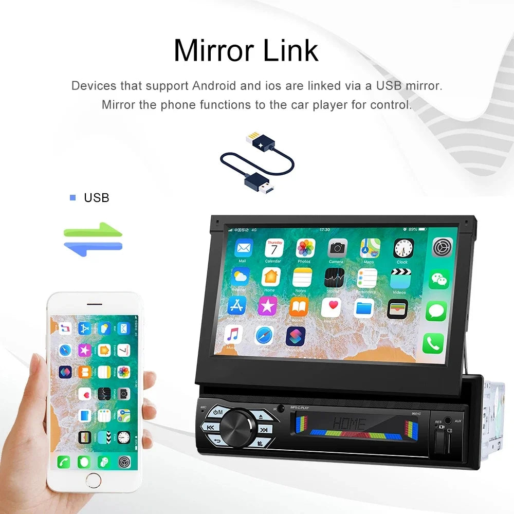 1 Din 7 in Car Stereo Radio with Wireless Apple Carplay Android Auto HD Electric Telescopic Touchscreen Flip Out Screen FM Bluetooth Android/Ios Mirror Link, Single 1 Din Car Audio USB/TF/AUX - in